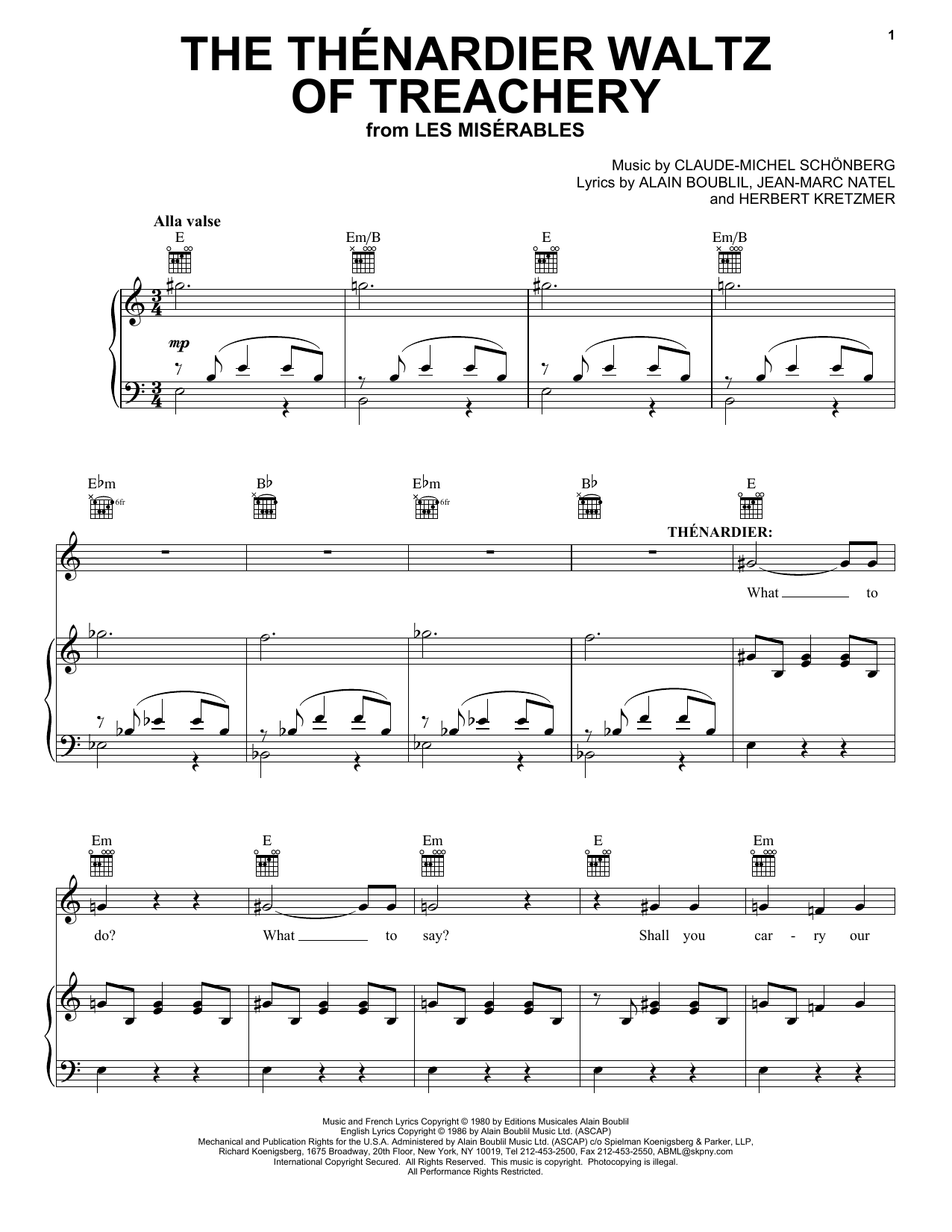 Learn to play Boublil and Schonberg The Thenardier Waltz Of Treachery sheet music for Piano, Vocal & Guitar (Right-Hand Melody) in minutes. Boublil and Schonberg The Thenardier Waltz Of Treachery sheet music notes and chords