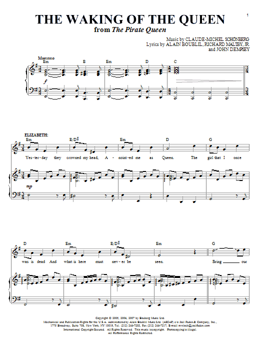Learn to play Boublil and Schonberg The Waking Of The Queen sheet music for Piano, Vocal & Guitar (Right-Hand Melody) in minutes. Boublil and Schonberg The Waking Of The Queen sheet music notes and chords