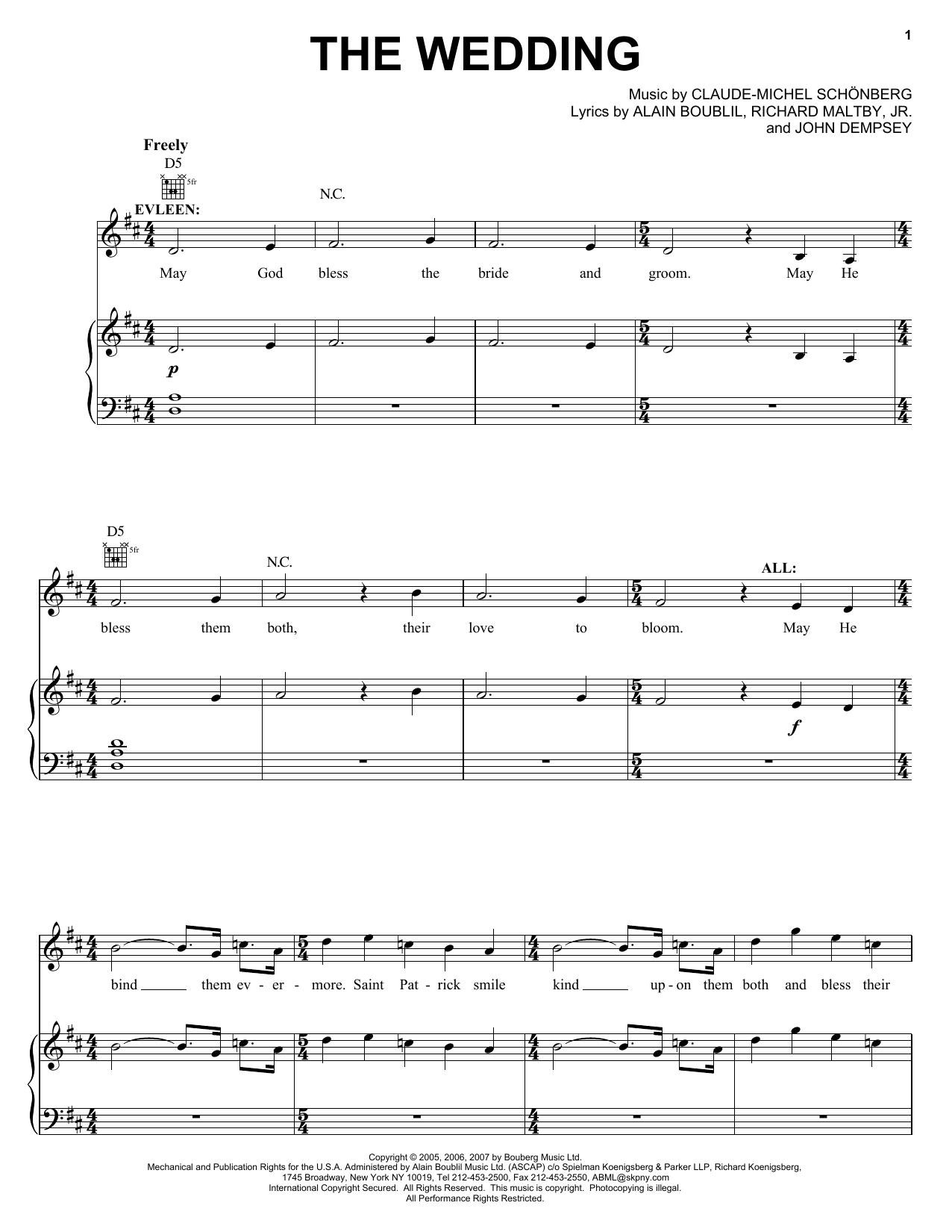 Learn to play Boublil and Schonberg The Wedding sheet music for Piano, Vocal & Guitar (Right-Hand Melody) in minutes. Boublil and Schonberg The Wedding sheet music preview music notes and score for Piano, Vocal & Guitar (Right-Hand Melody) including 6 page(s)