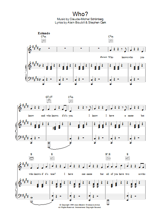 Boublil and Schonberg Who (from Martin Guerre) sheet music preview music notes and score for Piano, Vocal & Guitar including 8 page(s)