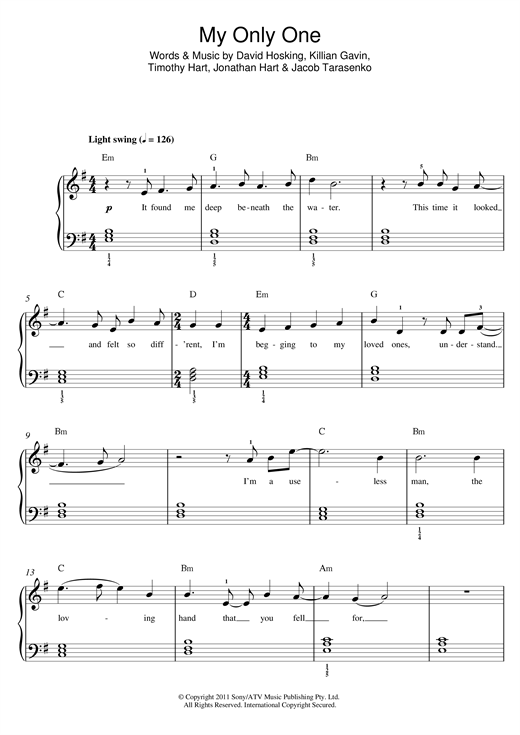 Boy And Bear My Only One sheet music, chords, lyrics - Printable PDF for Beginner Piano