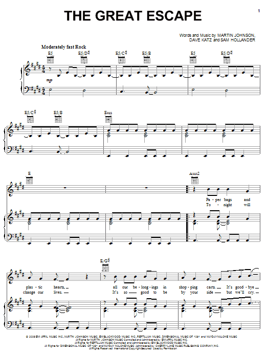 Learn to play Boys Like Girls The Great Escape sheet music for Piano, Vocal & Guitar (Right-Hand Melody) in minutes. Boys Like Girls The Great Escape sheet music preview music notes and score for Piano, Vocal & Guitar (Right-Hand Melody) including 7 page(s)