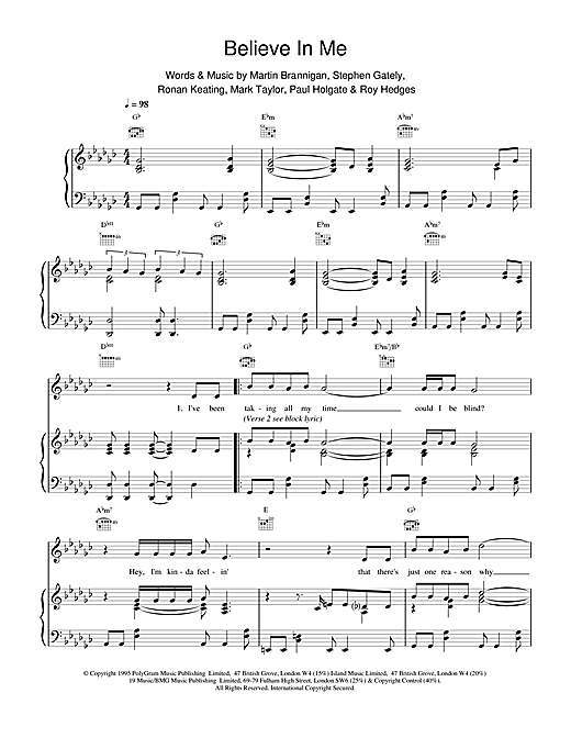 Learn to play Boyzone Believe In Me sheet music for Piano, Vocal & Guitar (Right-Hand Melody) in minutes. Boyzone Believe In Me sheet music notes and chords