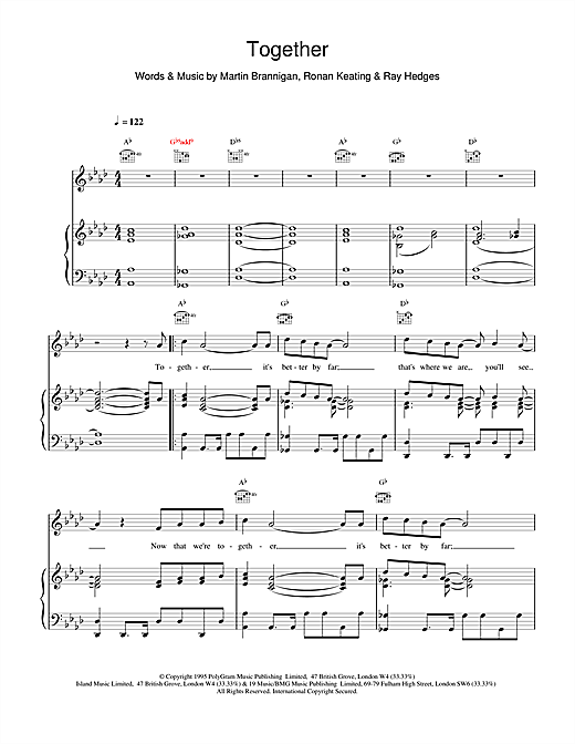 Learn to play Boyzone Together sheet music for Piano, Vocal & Guitar (Right-Hand Melody) in minutes. Boyzone Together sheet music notes and chords