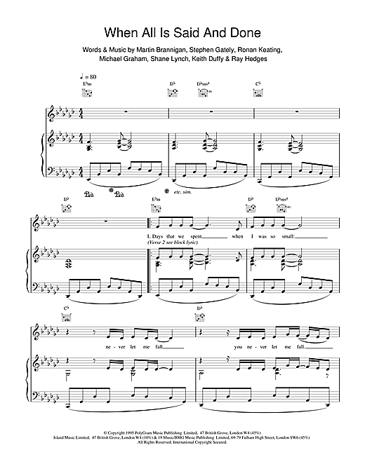 Learn to play Boyzone When All's Said And Done sheet music for Piano, Vocal & Guitar (Right-Hand Melody) in minutes. Boyzone When All's Said And Done sheet music notes and chords