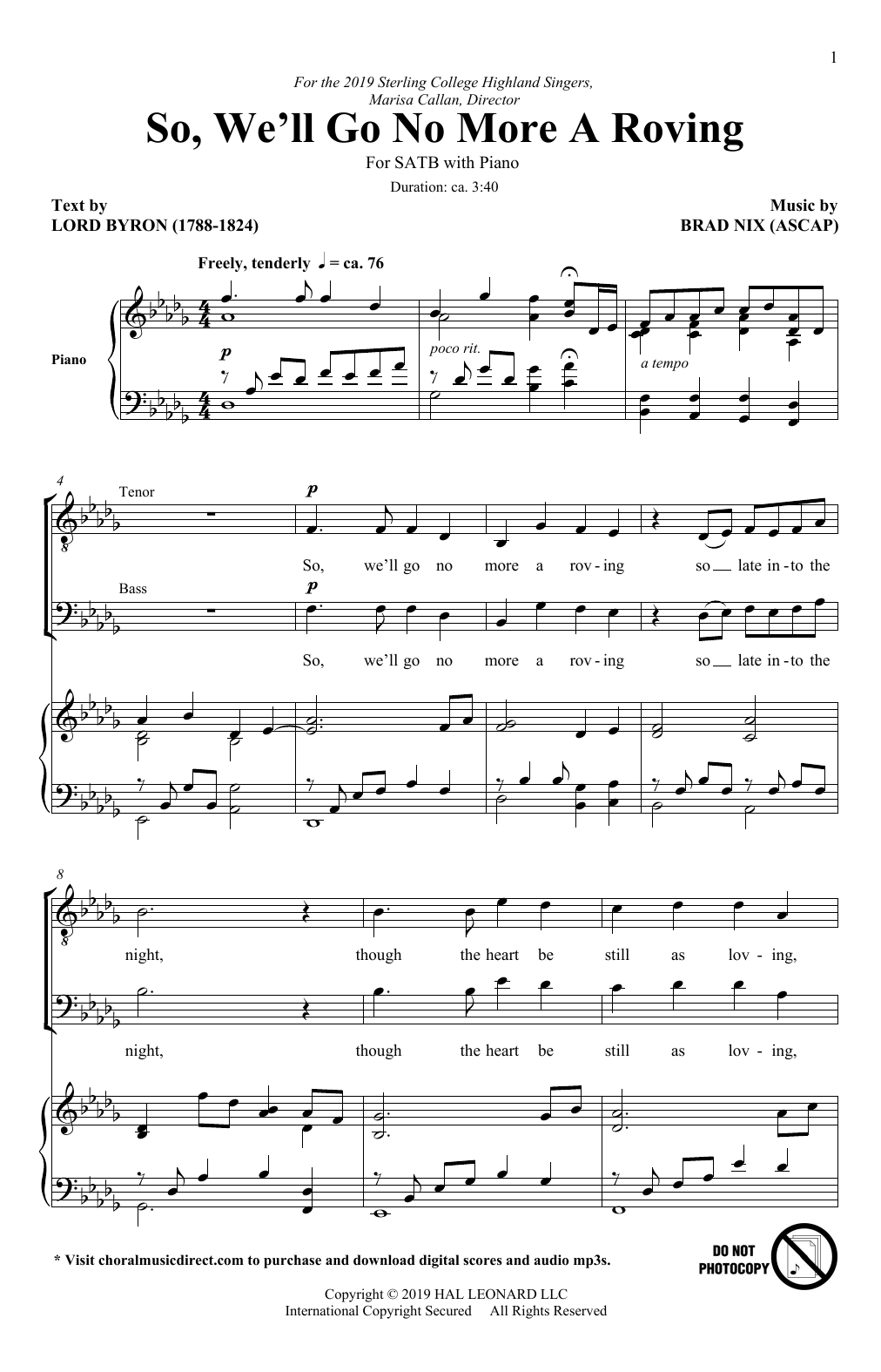 Brad Nix So, We'll Go No More A Roving sheet music, chords, lyrics - Printable PDF for SATB Choir