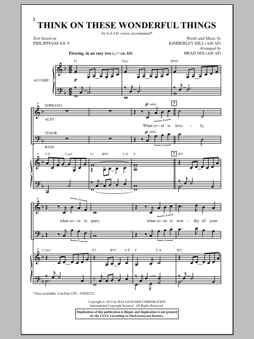 Learn to play Kimberley Hill Think On These Wonderful Things (arr. Brad Nix) sheet music for SATB in minutes. Kimberley Hill Think On These Wonderful Things (arr. Brad Nix) sheet music preview music notes and score for SATB including 11 page(s)