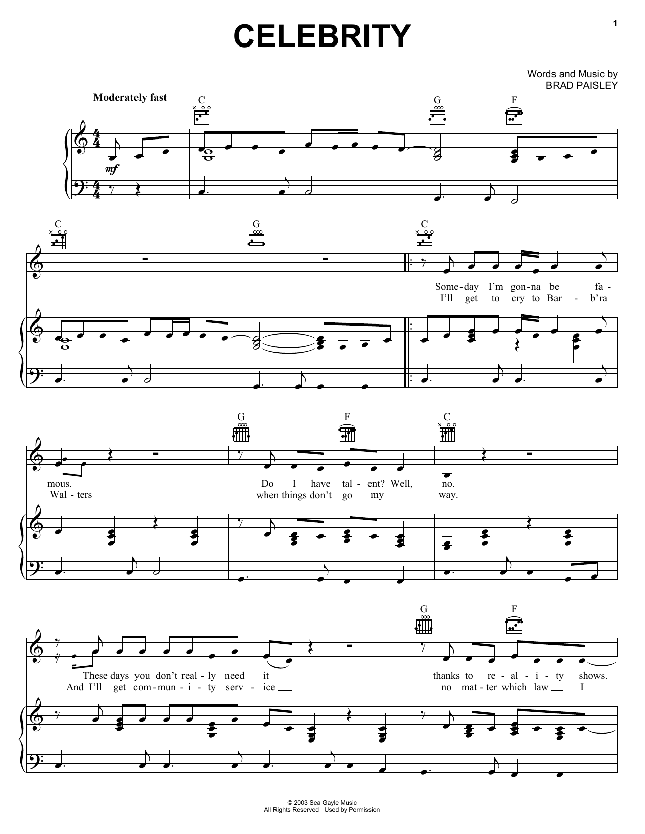 Learn to play Brad Paisley Celebrity sheet music for Piano, Vocal & Guitar (Right-Hand Melody) in minutes. Brad Paisley Celebrity sheet music notes and chords