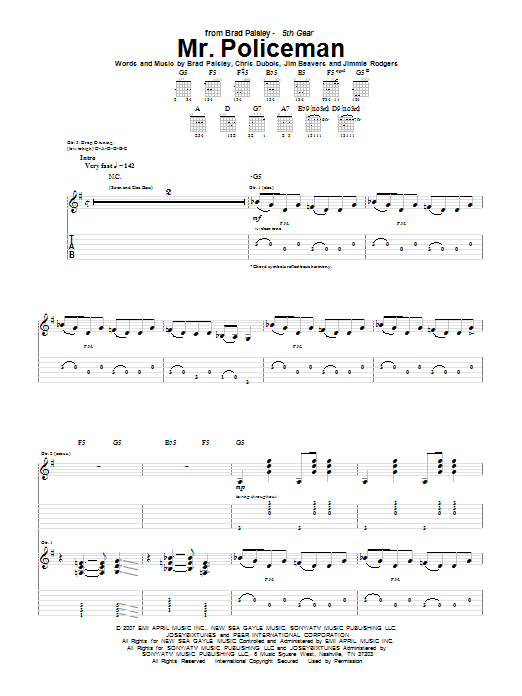 Learn to play Brad Paisley Mr. Policeman sheet music for Guitar Tab in minutes. Brad Paisley Mr. Policeman sheet music preview music notes and score for Guitar Tab including 22 page(s)