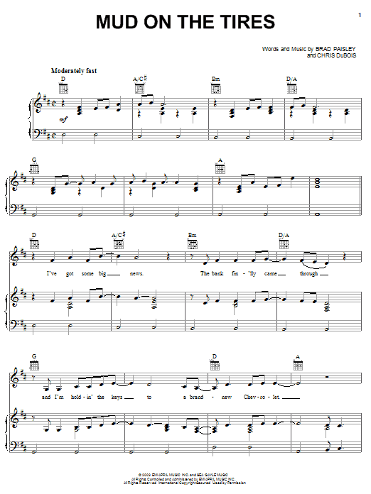 Learn to play Brad Paisley Mud On The Tires sheet music for Piano, Vocal & Guitar (Right-Hand Melody) in minutes. Brad Paisley Mud On The Tires sheet music notes and chords