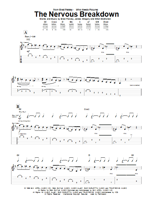 Learn to play Brad Paisley The Nervous Breakdown sheet music for Guitar Tab in minutes. Brad Paisley The Nervous Breakdown sheet music preview music notes and score for Guitar Tab including 13 page(s)