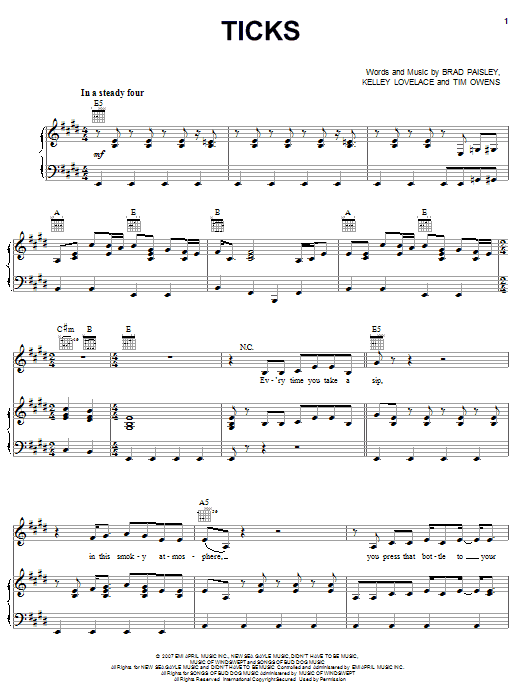 Learn to play Brad Paisley Ticks sheet music for Guitar Tab in minutes. Brad Paisley Ticks sheet music preview music notes and score for Guitar Tab including 21 page(s)
