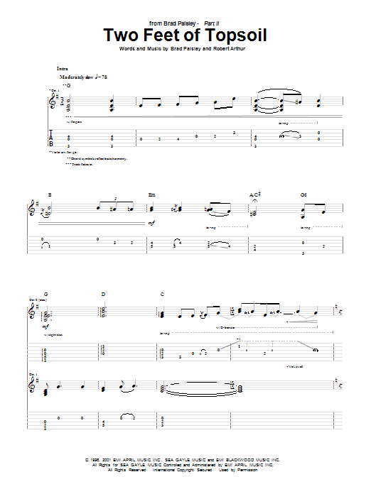 Learn to play Brad Paisley Two Feet Of Topsoil sheet music for Guitar Tab in minutes. Brad Paisley Two Feet Of Topsoil sheet music preview music notes and score for Guitar Tab including 16 page(s)