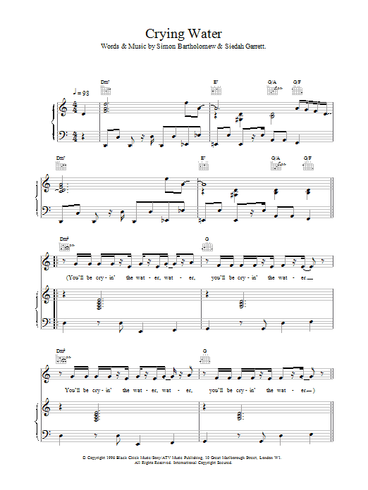 Download The Brand New Heavies Crying Water sheet music notes and chords for Piano, Vocal & Guitar - Download Printable PDF and start playing in minutes.