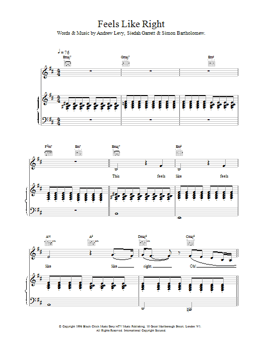 Download The Brand New Heavies Feels Like Right sheet music notes and chords for Piano, Vocal & Guitar - Download Printable PDF and start playing in minutes.