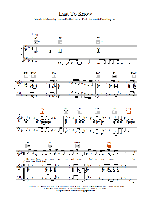 The Brand New Heavies Last To Know sheet music, chords, lyrics - Printable PDF for Piano, Vocal & Guitar