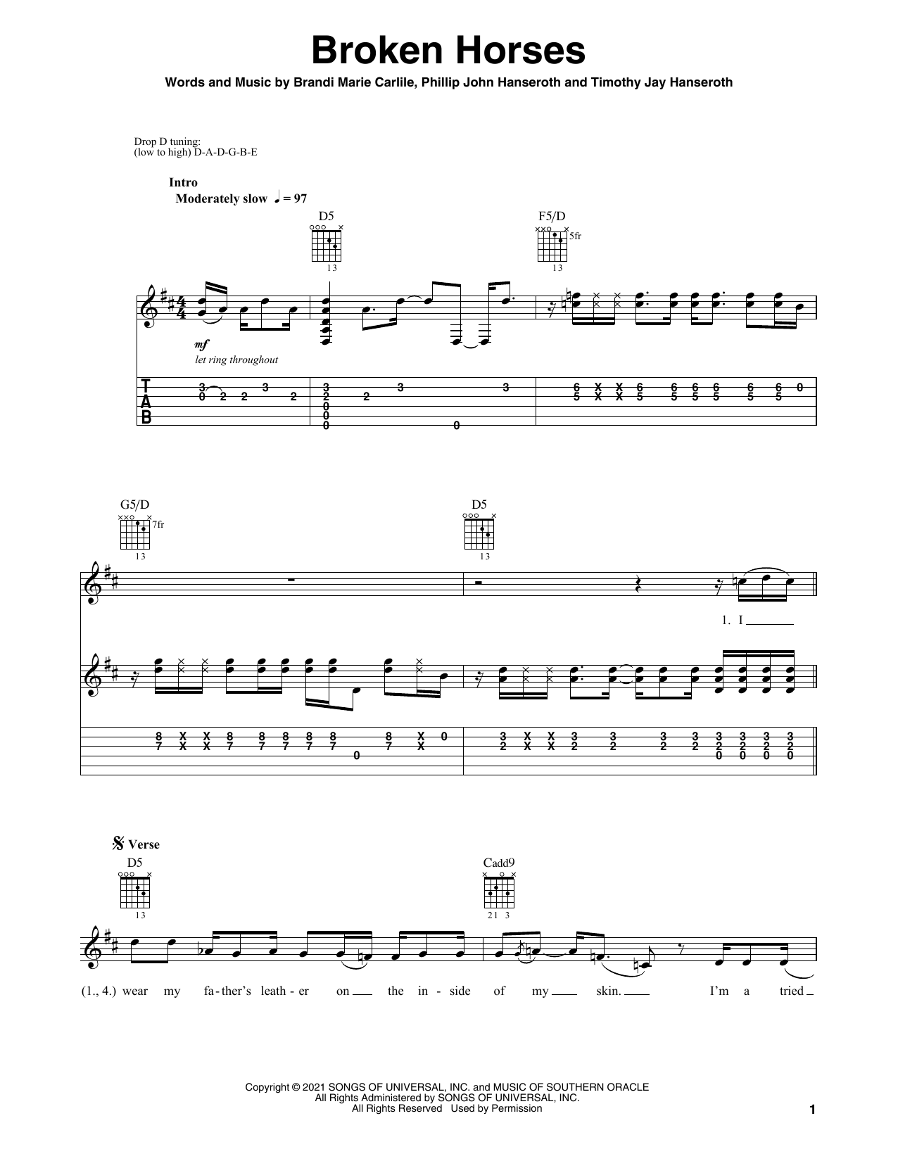 Brandi Carlile Broken Horses sheet music, chords, lyrics - Printable PDF for Solo Guitar