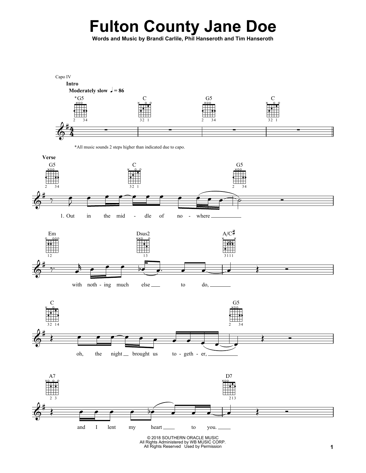 Brandi Carlile Fulton County Jane Doe sheet music, chords, lyrics - Printable PDF for Guitar Tab