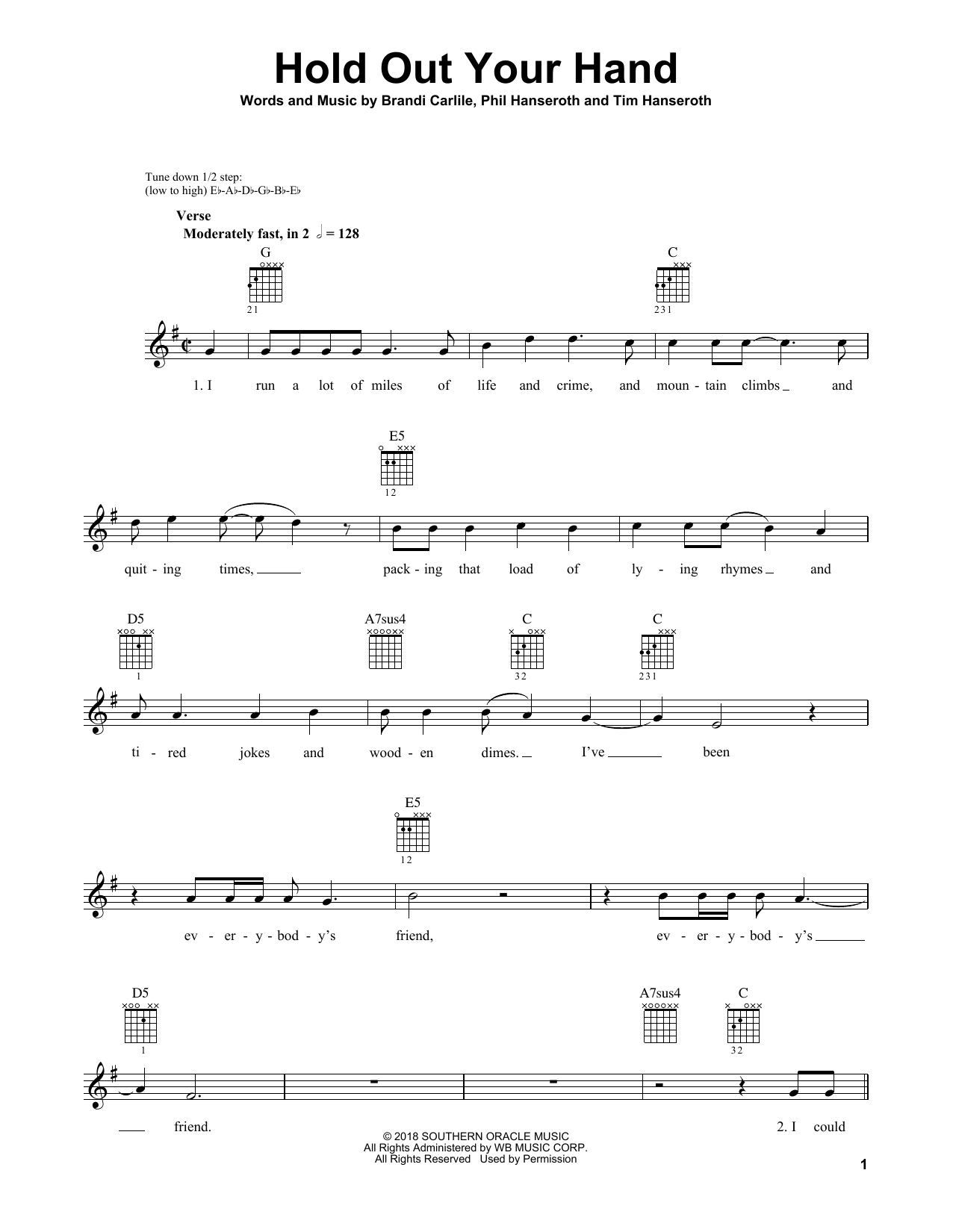Brandi Carlile Hold Out Your Hand sheet music, chords, lyrics - Printable PDF for Guitar Tab