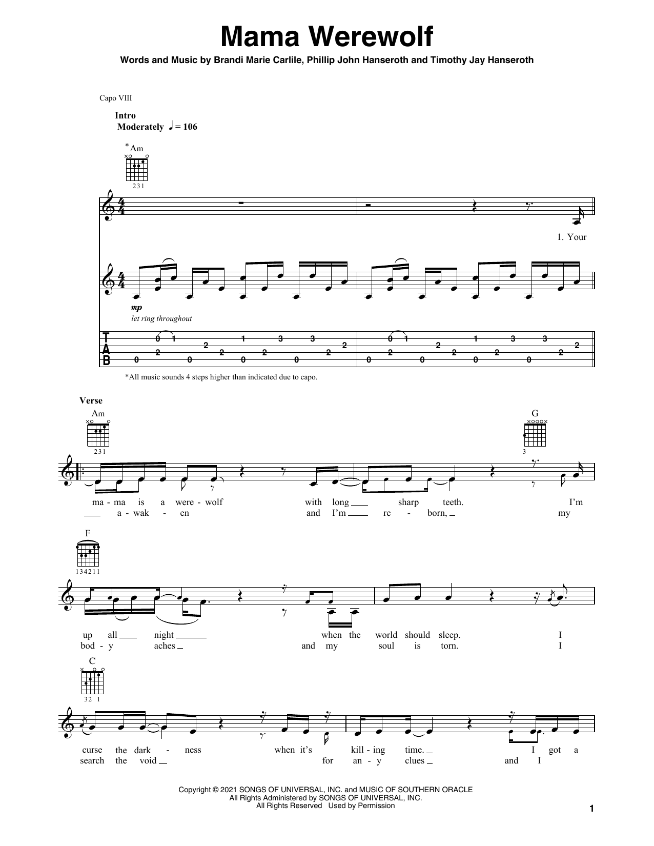 Brandi Carlile Mama Werewolf sheet music, chords, lyrics - Printable PDF for Solo Guitar