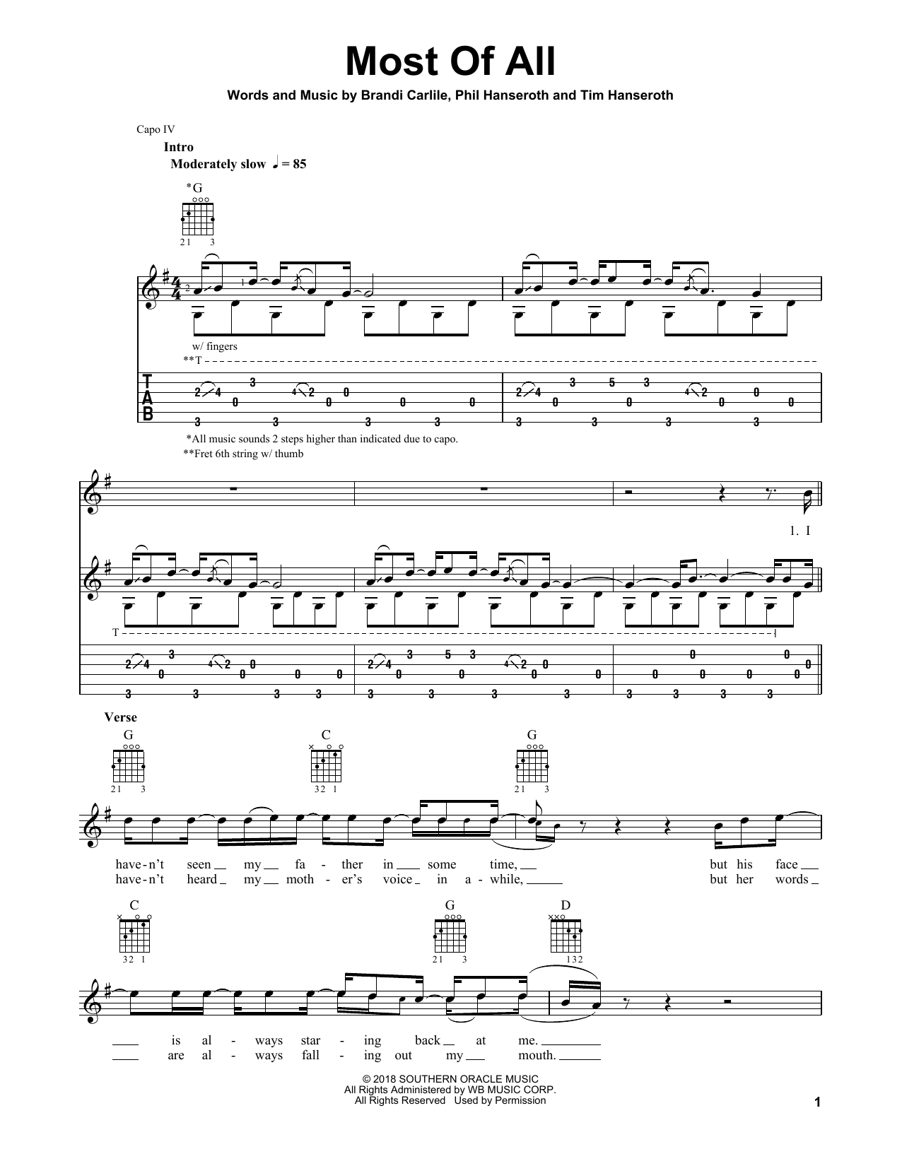 Brandi Carlile Most Of All sheet music, chords, lyrics - Printable PDF for Guitar Tab