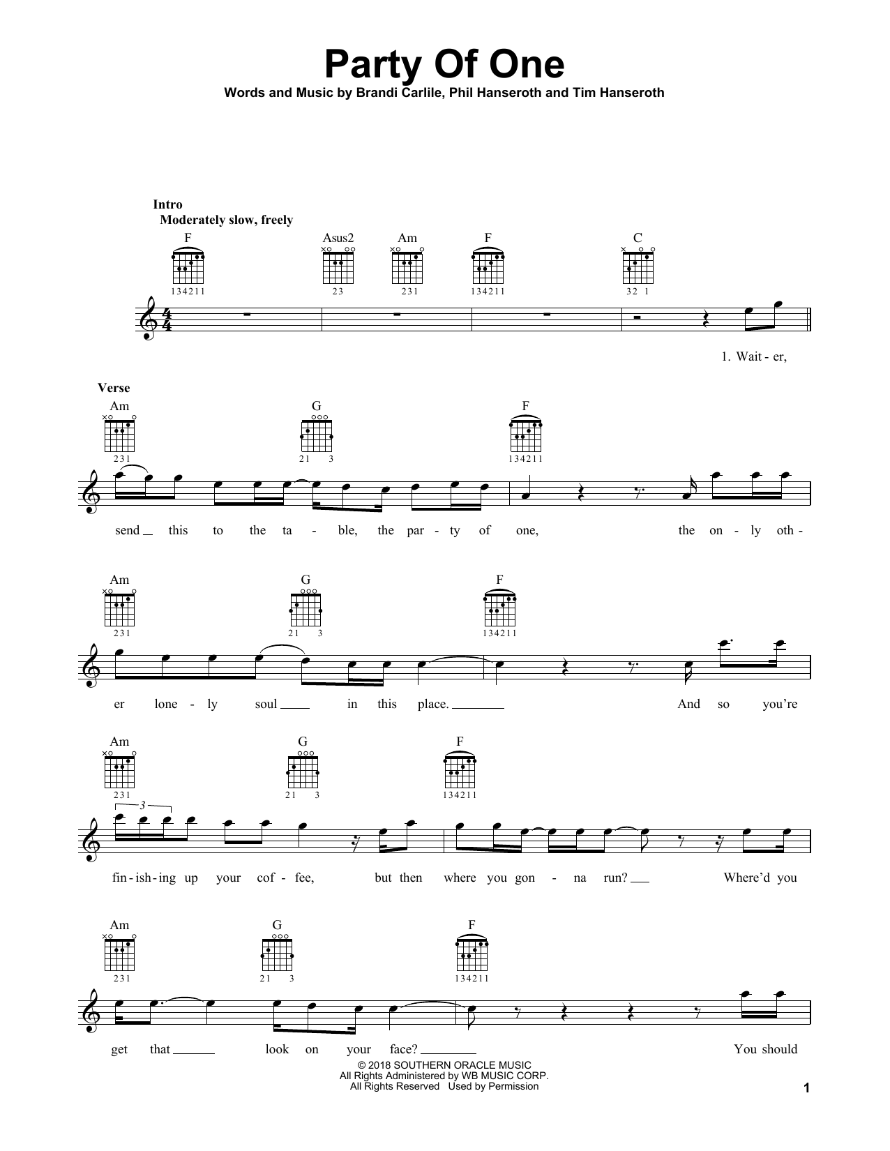 Brandi Carlile Party Of One sheet music, chords, lyrics - Printable PDF for Guitar Tab