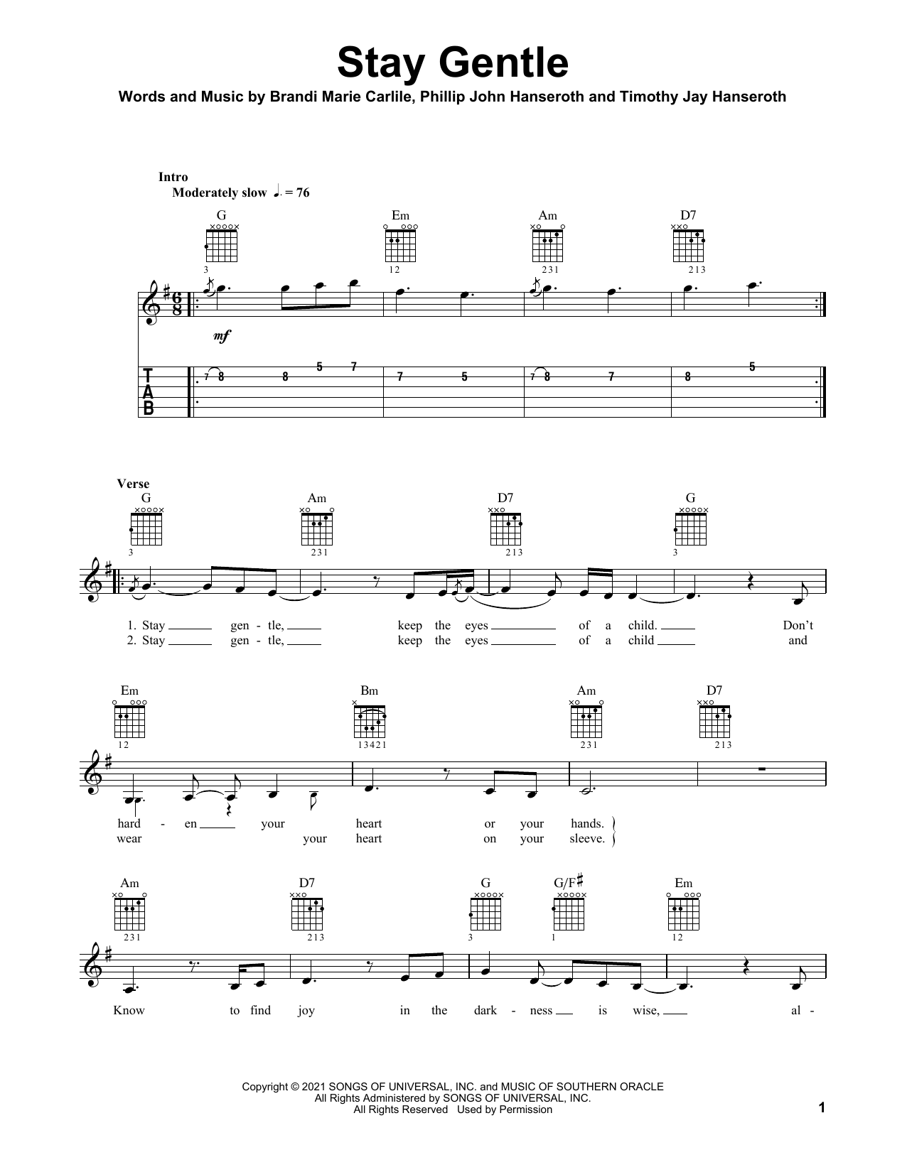 Brandi Carlile Stay Gentle sheet music, chords, lyrics - Printable PDF for Solo Guitar