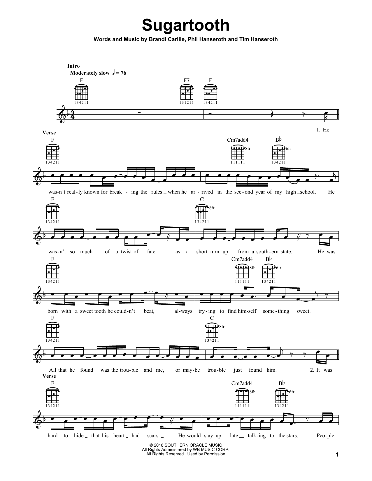 Brandi Carlile Sugartooth sheet music, chords, lyrics - Printable PDF for Guitar Tab