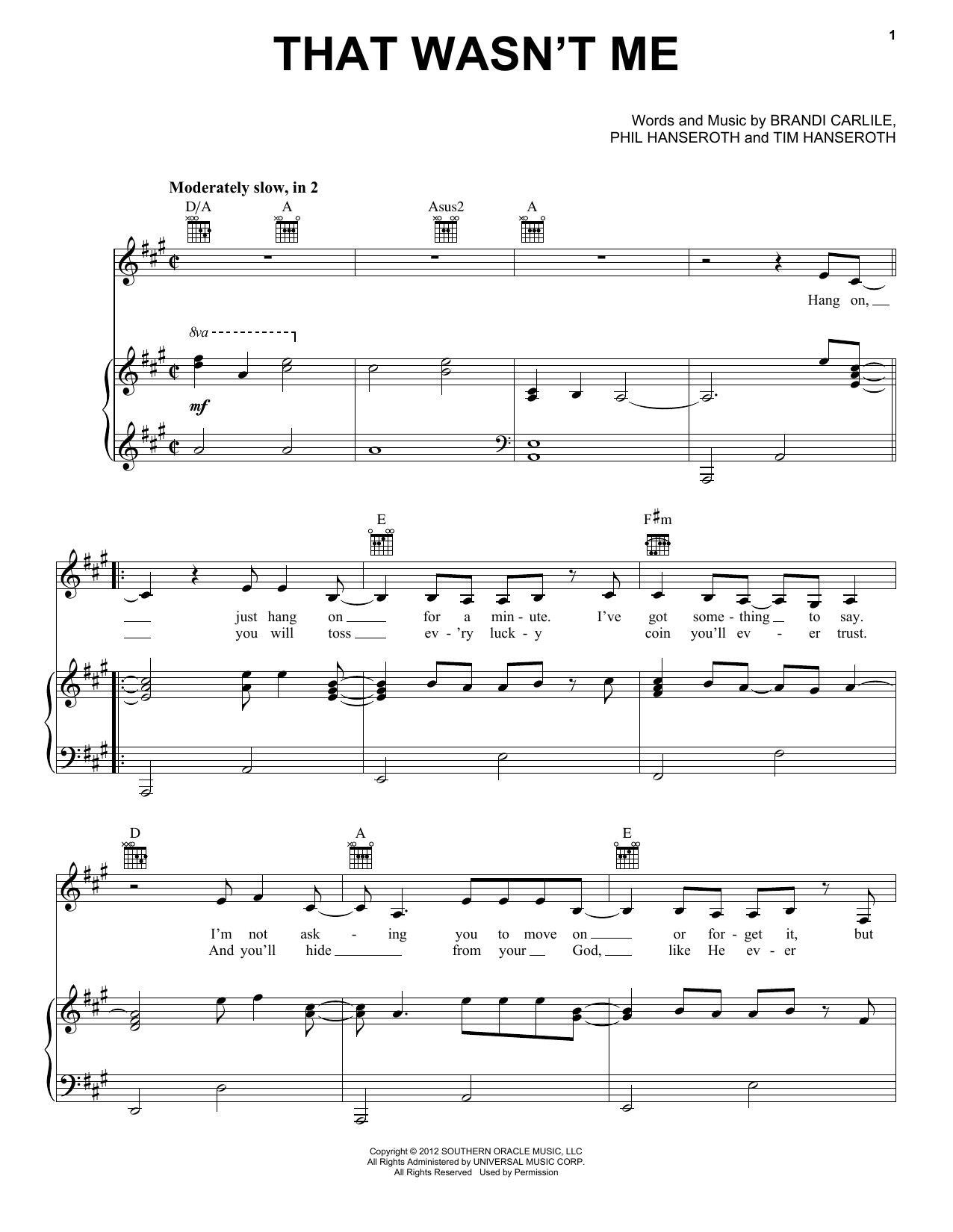 Brandi Carlile That Wasn't Me sheet music, chords, lyrics - Printable PDF for Piano, Vocal & Guitar (Right-Hand Melody)
