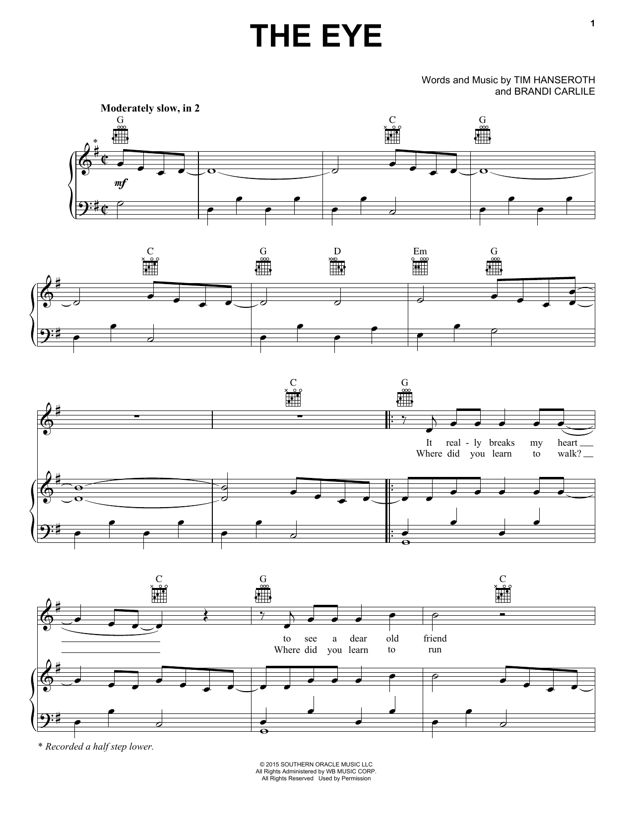 Brandi Carlile The Eye sheet music, chords, lyrics - Printable PDF for Piano, Vocal & Guitar (Right-Hand Melody)