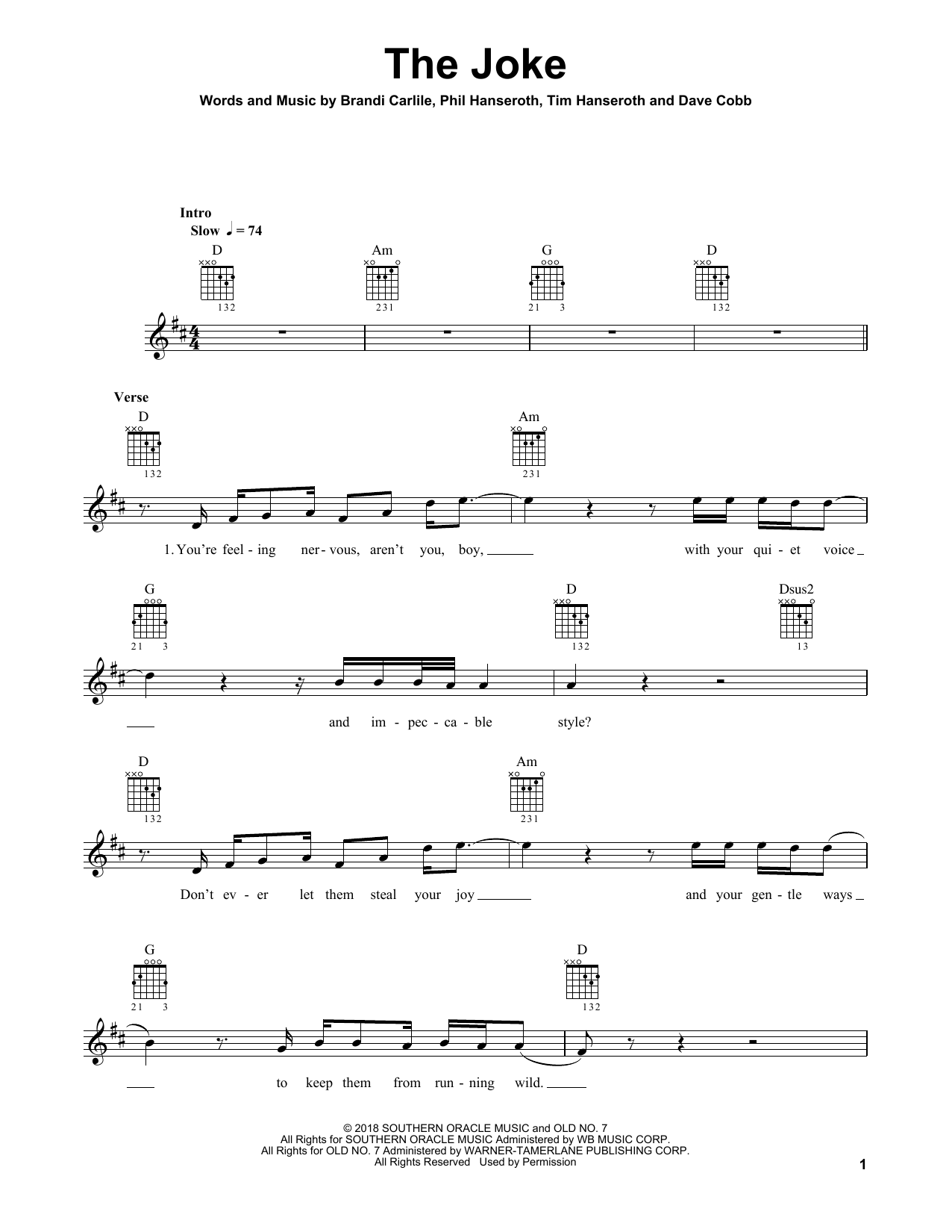 Brandi Carlile The Joke sheet music, chords, lyrics - Printable PDF for Guitar Tab