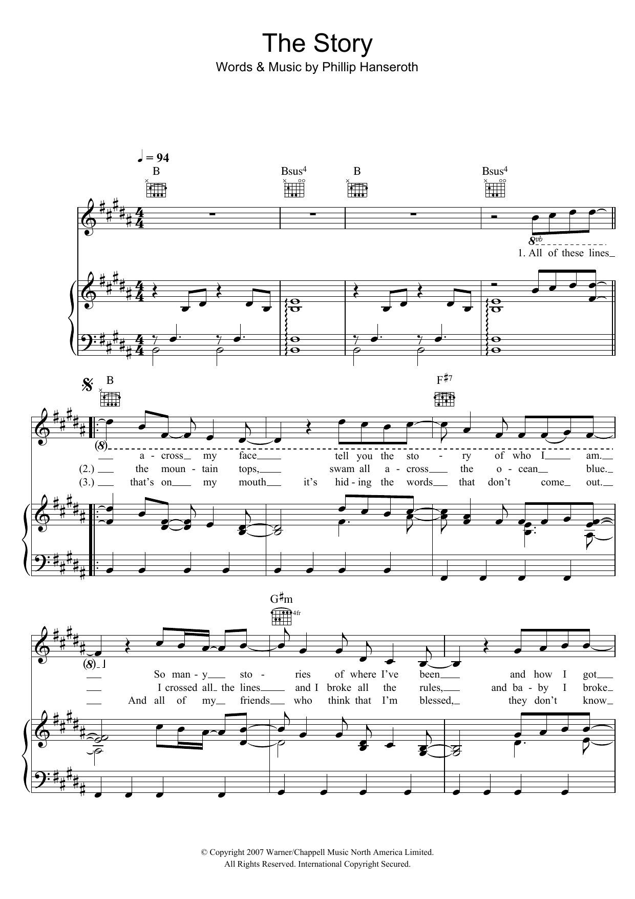 Brandi Carlile The Story sheet music, chords, lyrics - Printable PDF for Piano, Vocal & Guitar (Right-Hand Melody)