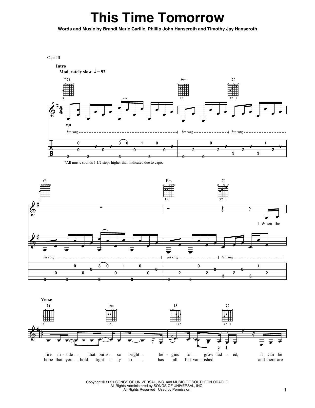 Brandi Carlile This Time Tomorrow sheet music, chords, lyrics - Printable PDF for Solo Guitar