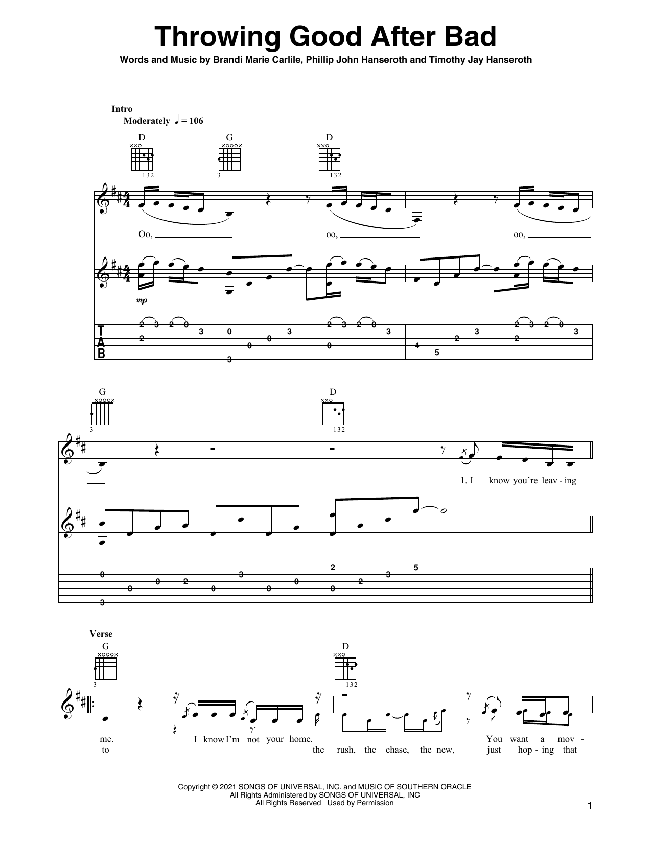 Brandi Carlile Throwing Good After Bad sheet music, chords, lyrics - Printable PDF for Solo Guitar