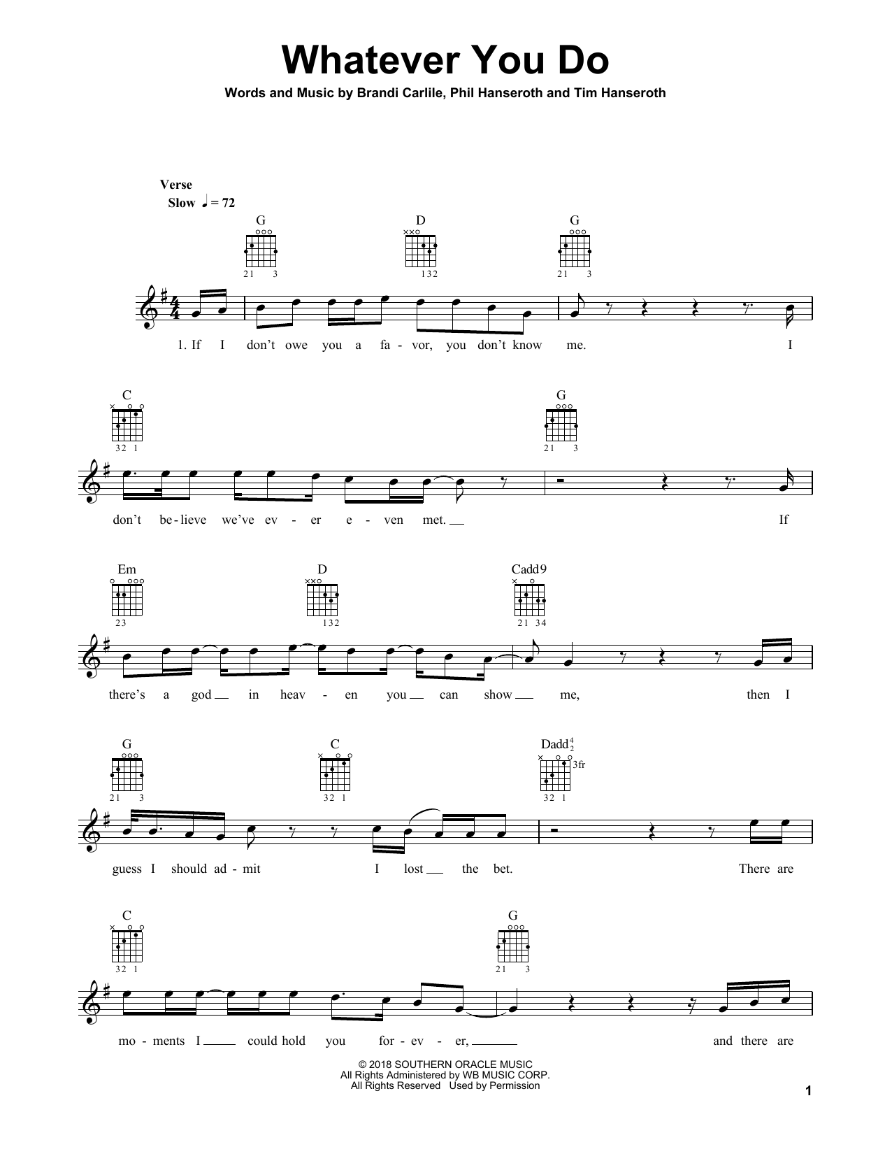 Brandi Carlile Whatever You Do sheet music, chords, lyrics - Printable PDF for Guitar Tab