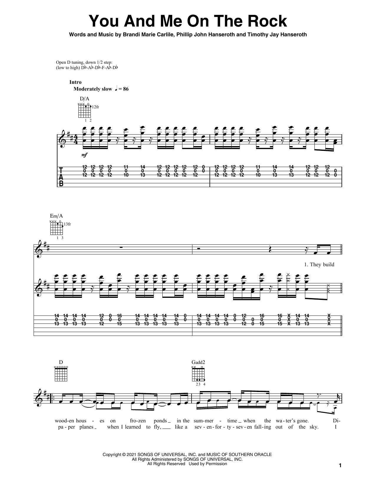 Brandi Carlile You And Me On The Rock (feat. Lucius) sheet music, chords, lyrics - Printable PDF for Solo Guitar