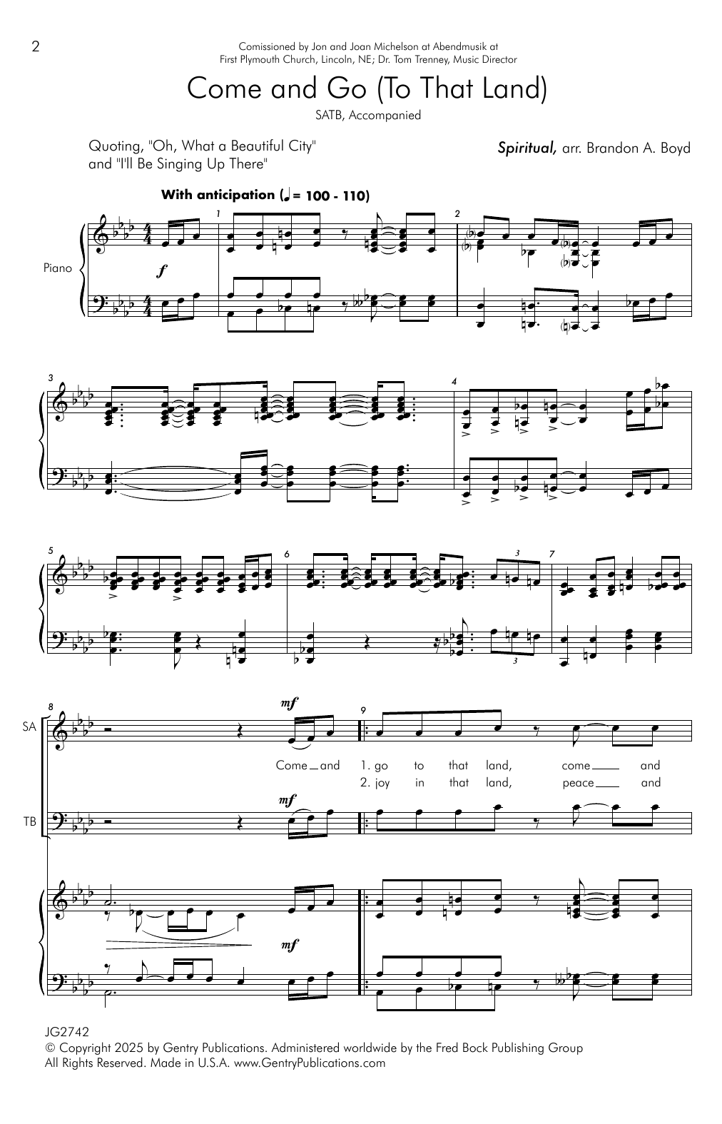 Brandon Boyd Come And Go (To That Land) sheet music, chords, lyrics - Printable PDF for SATB Choir