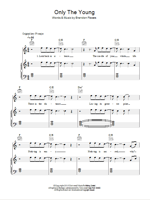 Brandon Flowers Only The Young sheet music, chords, lyrics - Printable PDF for Piano, Vocal & Guitar (Right-Hand Melody)