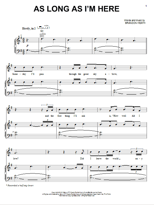 Brandon Heath As Long As I'm Here sheet music, chords, lyrics - Printable PDF for Piano, Vocal & Guitar (Right-Hand Melody)