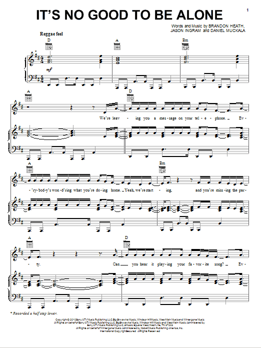 Brandon Heath It's No Good To Be Alone sheet music, chords, lyrics - Printable PDF for Piano, Vocal & Guitar (Right-Hand Melody)