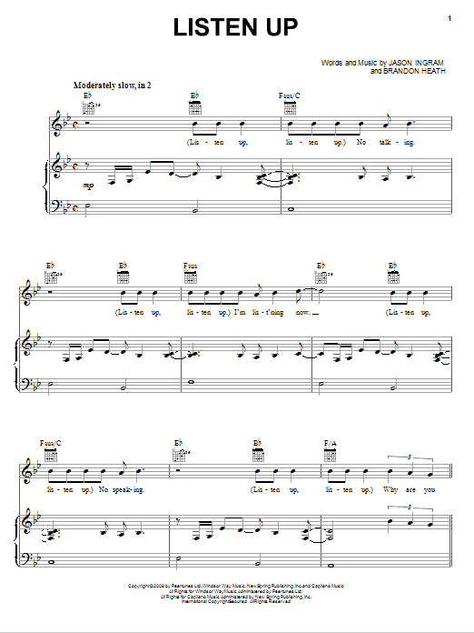 Brandon Heath Listen Up sheet music, chords, lyrics - Printable PDF for Piano, Vocal & Guitar (Right-Hand Melody)