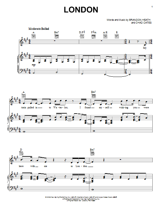 Brandon Heath London sheet music, chords, lyrics - Printable PDF for Piano, Vocal & Guitar (Right-Hand Melody)