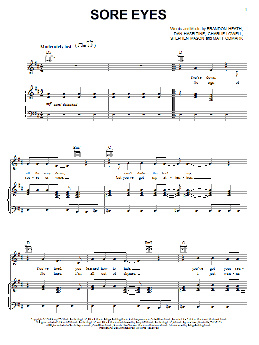 Brandon Heath Sore Eyes sheet music, chords, lyrics - Printable PDF for Piano, Vocal & Guitar (Right-Hand Melody)