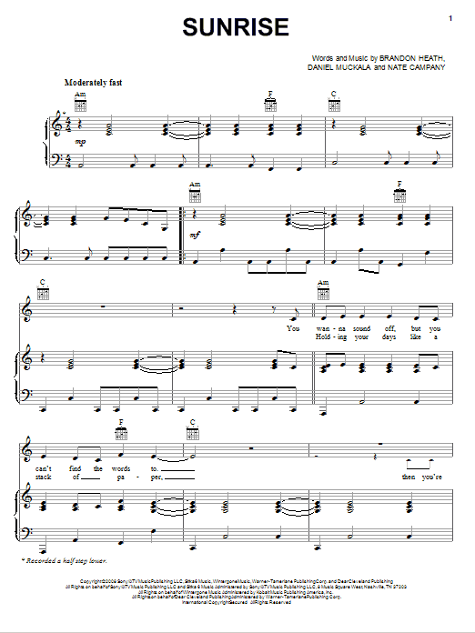 Brandon Heath Sunrise sheet music, chords, lyrics - Printable PDF for Piano, Vocal & Guitar (Right-Hand Melody)