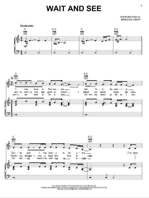 Brandon Heath Wait And See sheet music, chords, lyrics - Printable PDF for Piano, Vocal & Guitar (Right-Hand Melody)