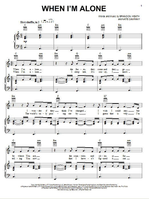 Brandon Heath When I'm Alone sheet music, chords, lyrics - Printable PDF for Piano, Vocal & Guitar (Right-Hand Melody)