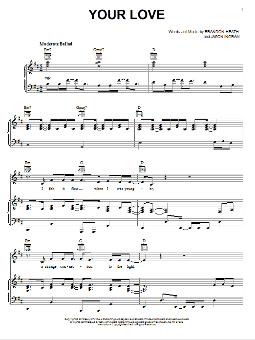 Brandon Heath Your Love sheet music, chords, lyrics - Printable PDF for Piano, Vocal & Guitar (Right-Hand Melody)
