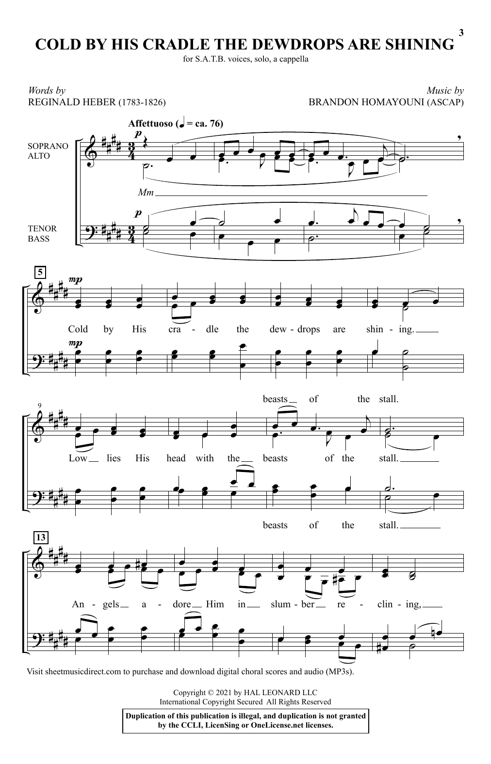 Reginald Heber and Brandon Homayouni Cold By His Cradle The Dewdrops Are Shining sheet music, chords, lyrics - Printable PDF for SATB Choir