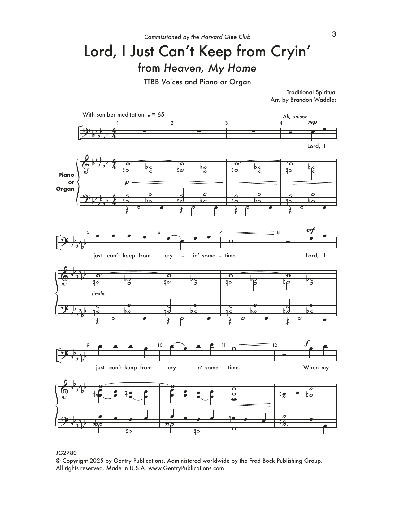 Brandon Waddles Lord, I Just Can't Keep From Crying sheet music, chords, lyrics - Printable PDF for TTBB Choir