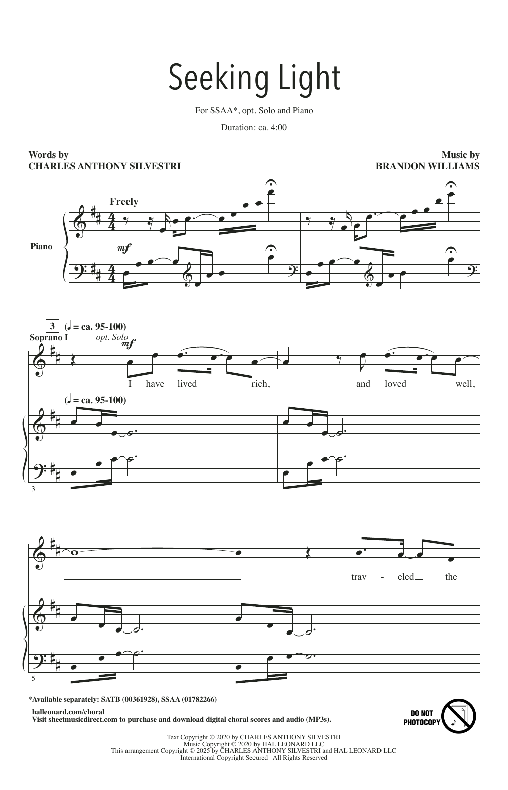 Brandon Williams Seeking Light sheet music, chords, lyrics - Printable PDF for SSAA Choir